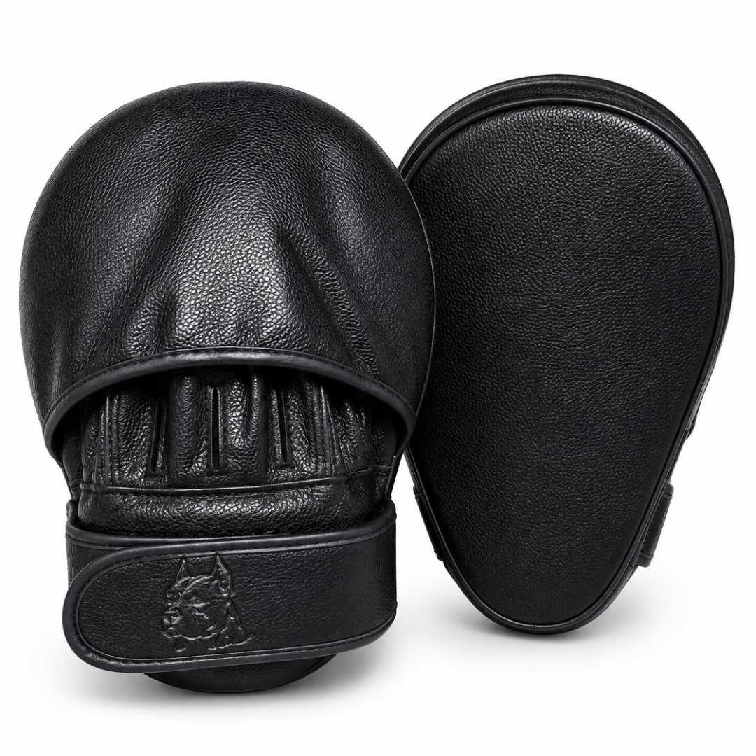 A pair of black leather boxing focus mitts shown on a clean white background, displaying both the front padded glove and the back flat side.