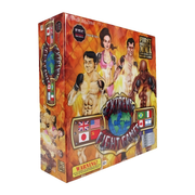 Box for a toy set featuring characters and flags on an orange background