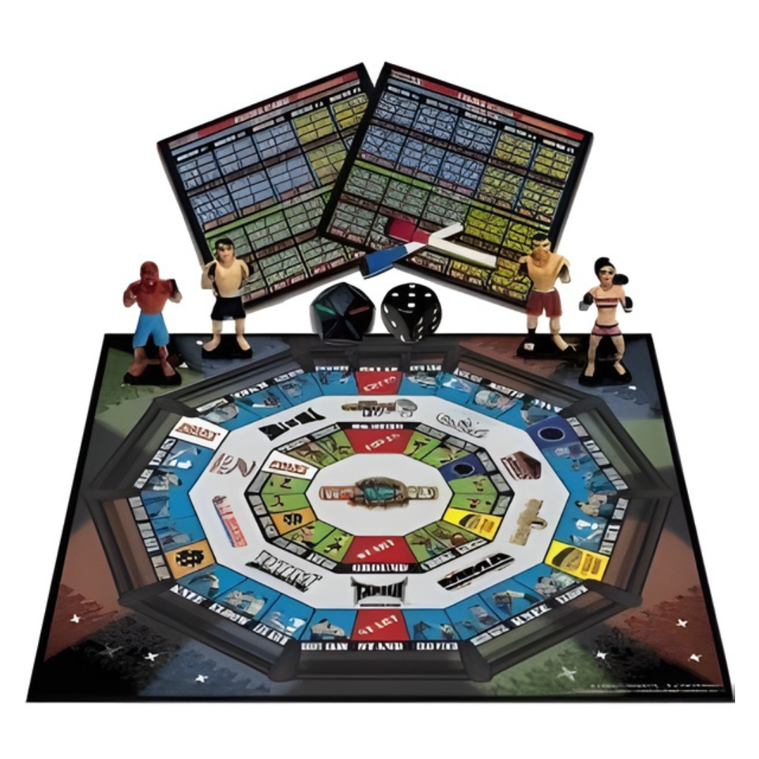 Wrestling game set with mat, figures, and dice on a white background