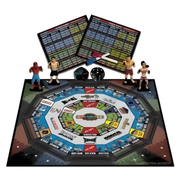 Wrestling game set with mat, figures, and dice on a white background