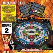 Board game packaging for 'The Fight Game' with game pieces and rules on an orange background.