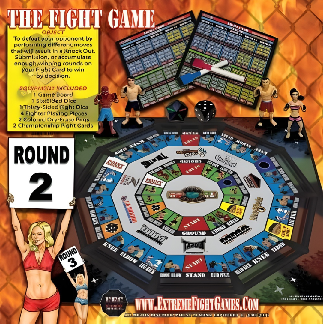 Board game packaging for 'The Fight Game' with game pieces and rules on an orange background.