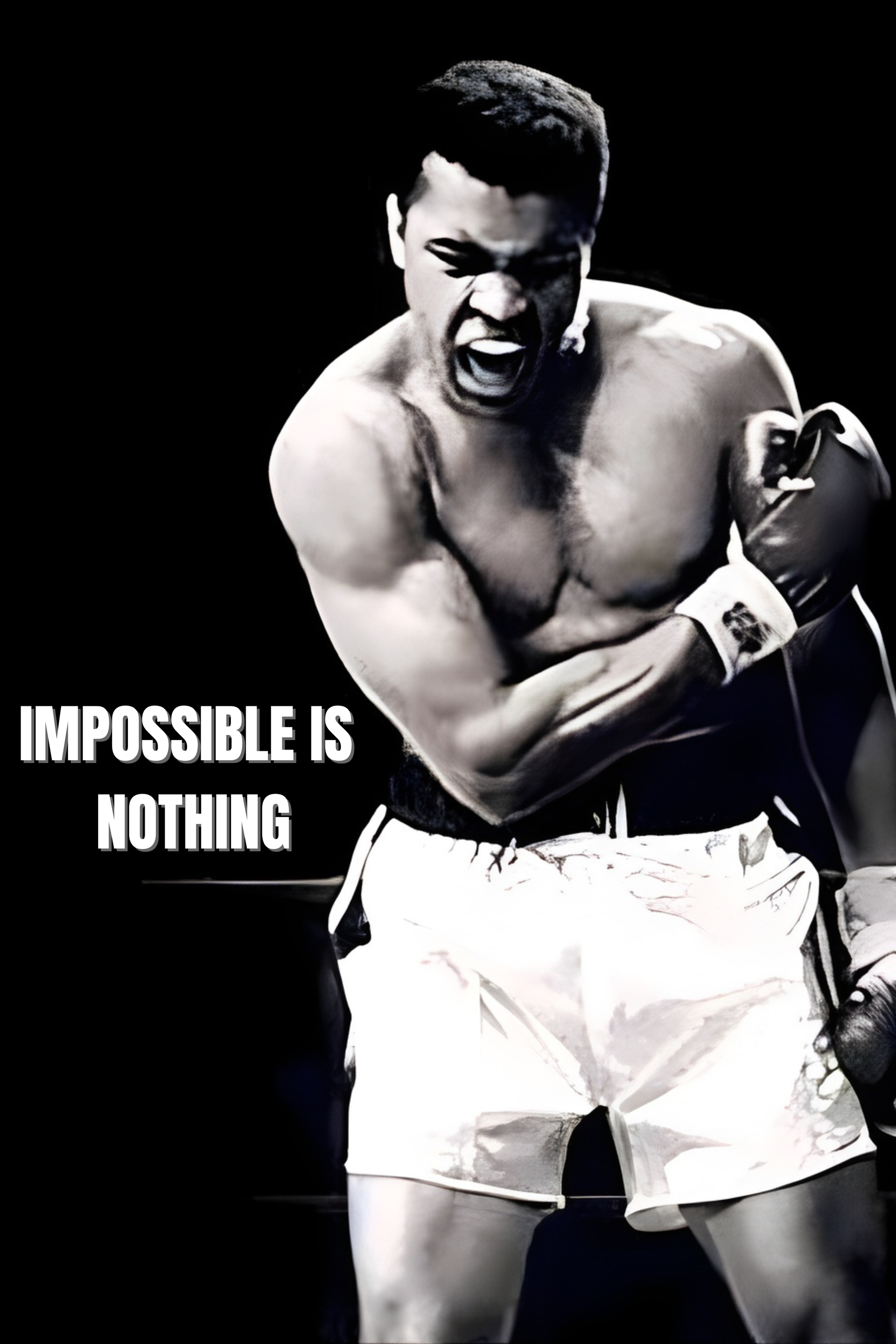 Black and white image of a boxer with 'Impossible is Nothing' text