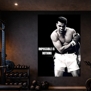 Motivational poster of a boxer with 'Impossible is Nothing' text in a gym setting.