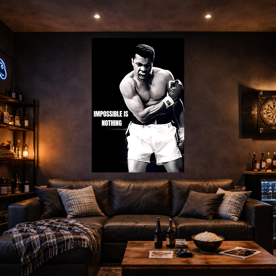 Living room with a boxing-themed poster on the wall, featuring a famous boxer with 'Impossible is Nothing' text.