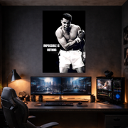 Modern gaming setup with a large poster of a boxer on a dark wall.