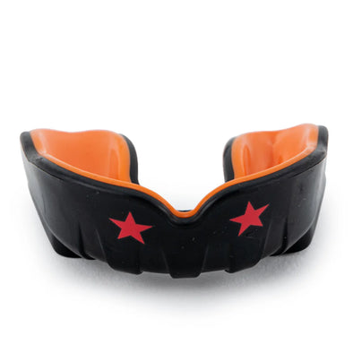 Black and orange mouthguard with red stars on a white background