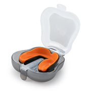 Orange and black mouthguard in a clear plastic case on a white background