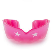 Pink mouthguard with white stars on a white background