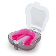 Pink mouthguard in a clear plastic case on a white background