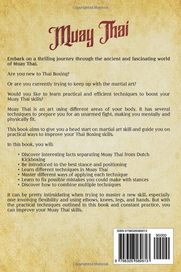 Back cover of a book about Muay Thai with text and a barcode.