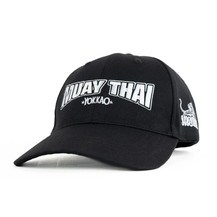 Black cap with 'Muay Thai Yokkao' text on a white background