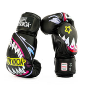 Pair of black boxing gloves with colorful designs and 'Yokkao' branding on a white background