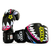 Black boxing gloves with colorful designs and 'Yokkao' branding on a white background