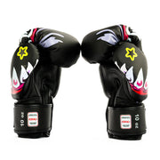 Pair of black boxing gloves with colorful designs on a white background