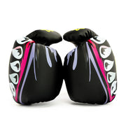 Pair of black boxing gloves with colorful designs on a white background