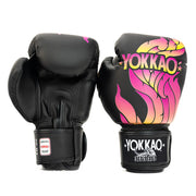 Black boxing gloves with colorful Yokkao logo on a white background