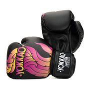 Black boxing gloves with colorful design and 'YOKKAO' branding on a white background