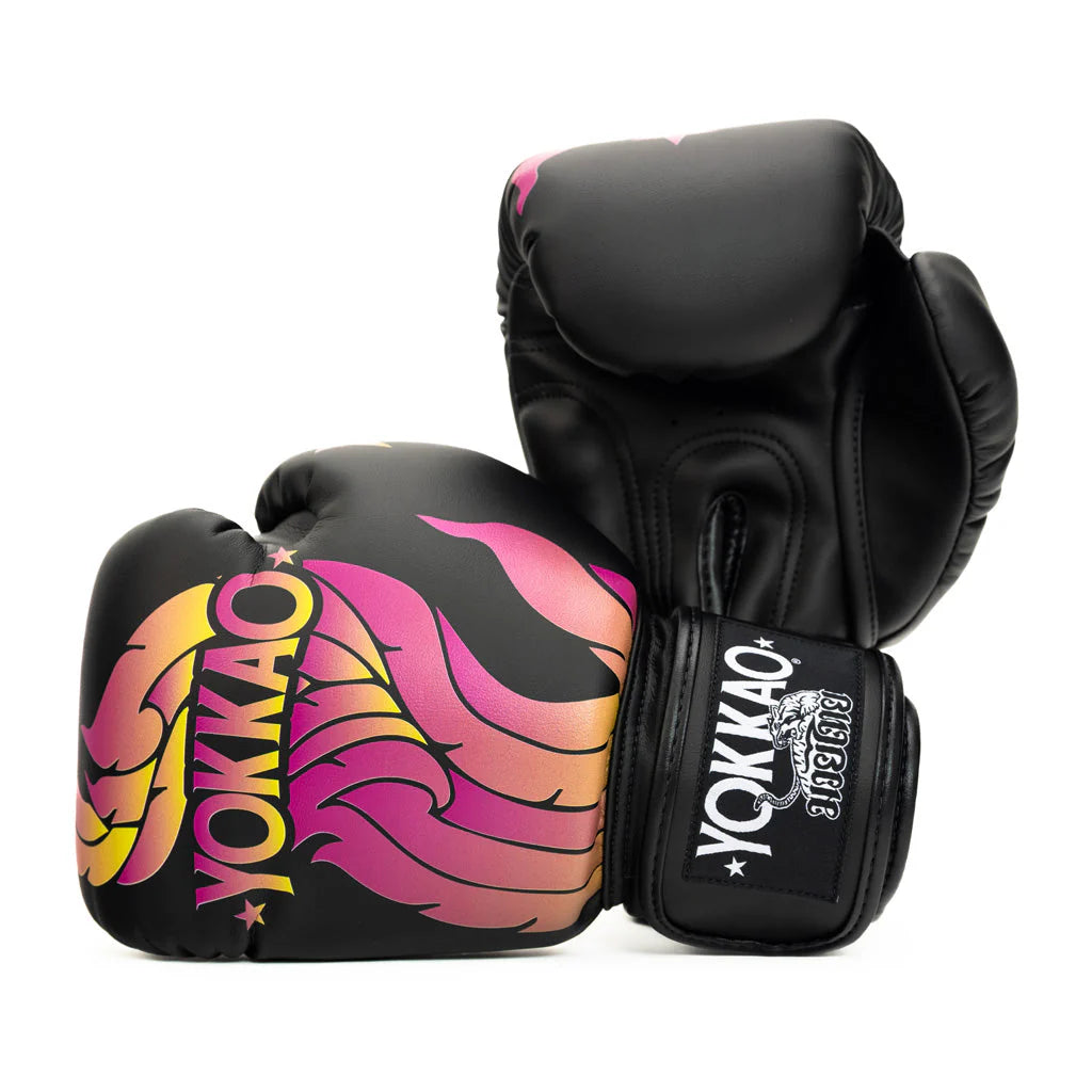 Black boxing gloves with colorful design and 'YOKKAO' branding on a white background