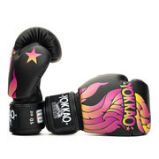 Black boxing gloves with colorful designs and 'YOKI' branding on a white background
