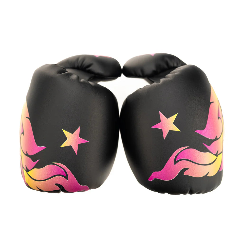 Black boxing gloves with pink and yellow designs on a white background