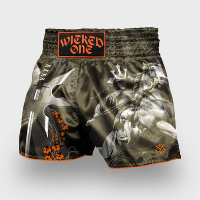 Fight shorts with graphic design and 'Wicked One' branding on a light gray background