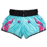 Turquoise shorts with pink and purple flame designs and black waistband on a white background