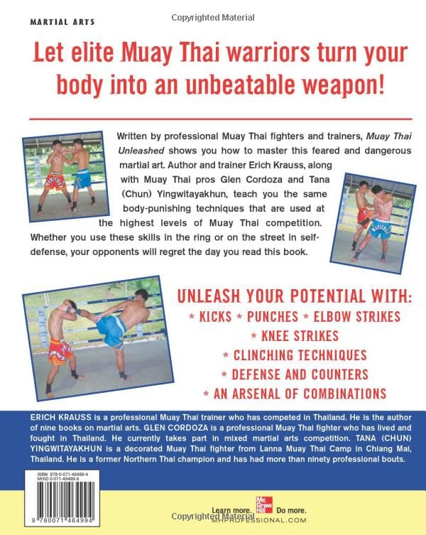 Back cover of a martial arts book featuring Muay Thai fighters and promotional text.