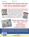 Back cover of a martial arts book featuring Muay Thai fighters and promotional text.