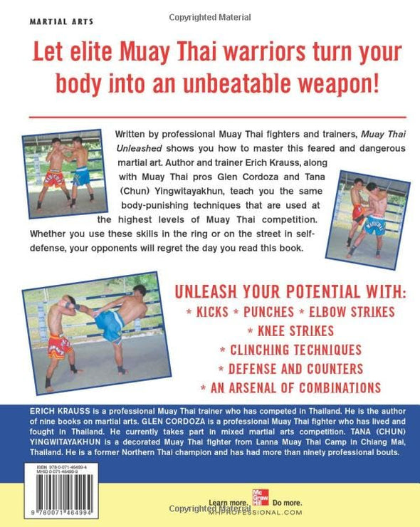 Back cover of a martial arts book featuring Muay Thai fighters and promotional text.
