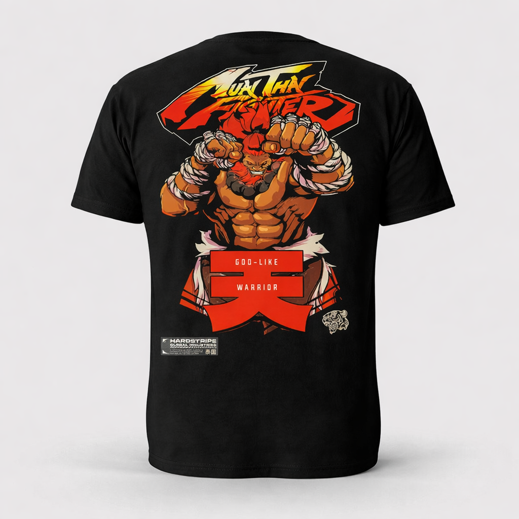 Black t-shirt with a graphic design of a muscular character and text on the back, on a light gray background.