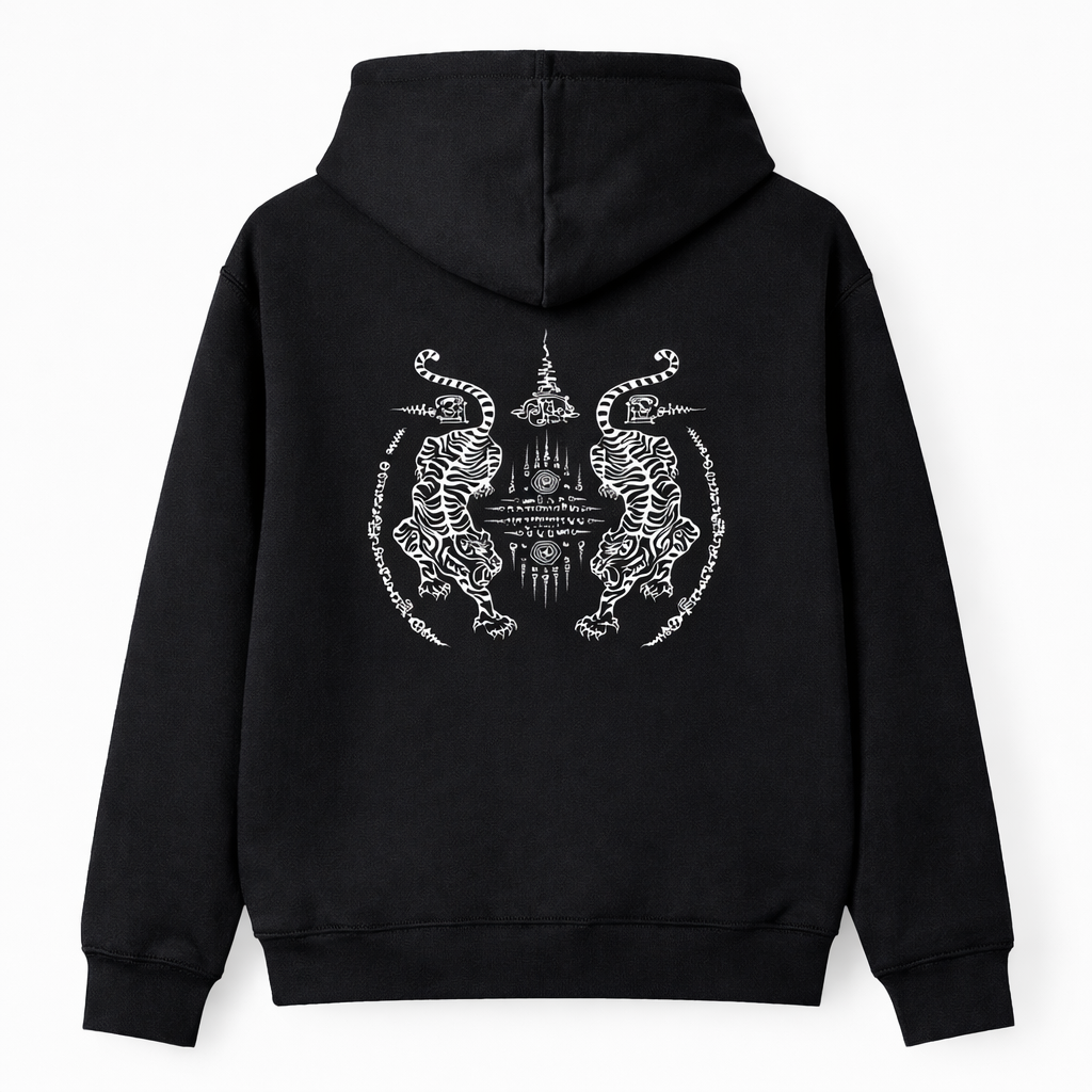 Black hoodie with white tiger design on the back against a white background
