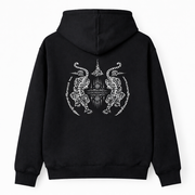Black hoodie with white tiger design on the back against a white background