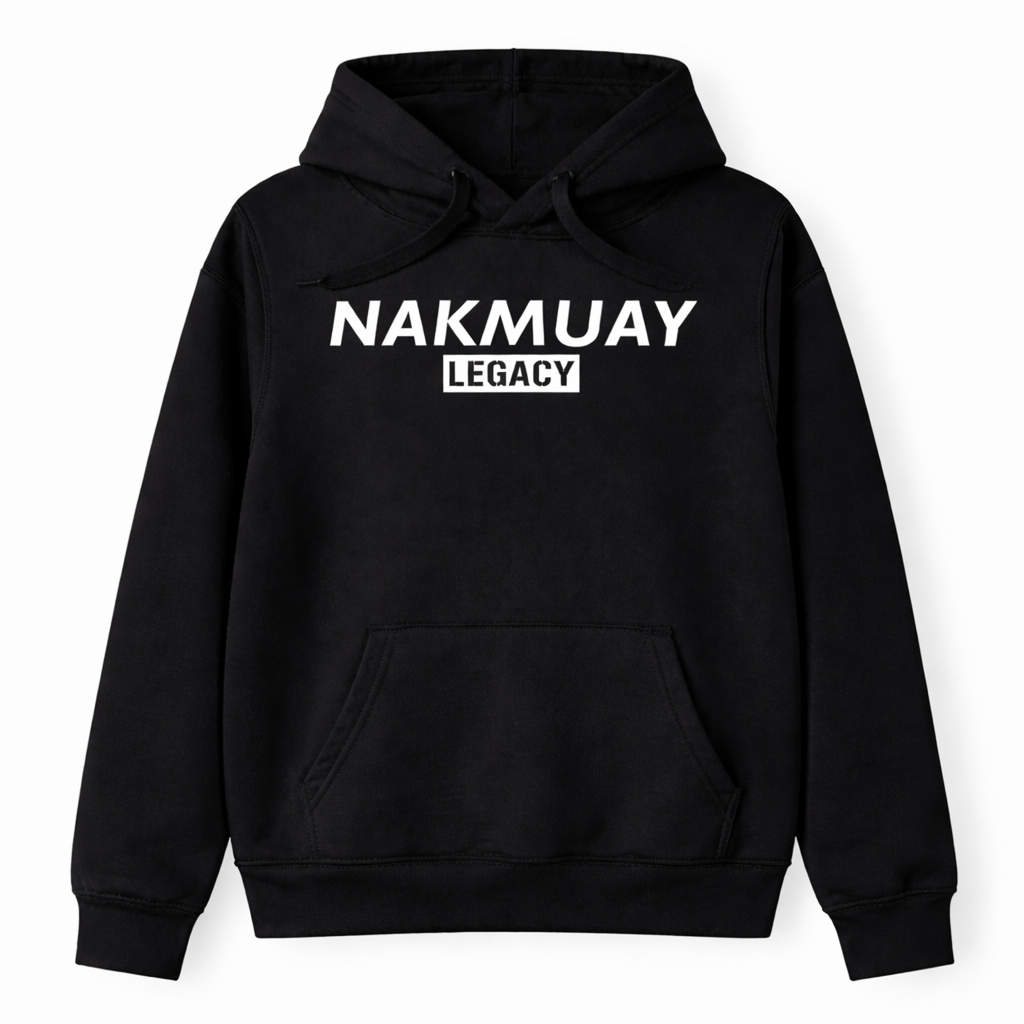 Black hoodie with 'NAKMUAY LEGACY' text on a white background