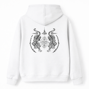 White hoodie with black tiger design on the back against a white background
