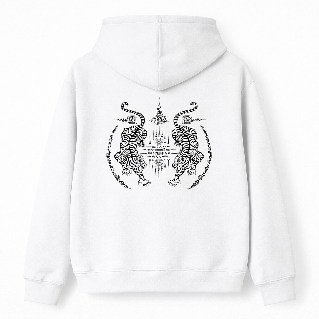 White hoodie with black tiger design on the back against a white background