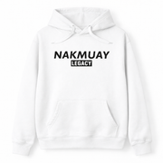 White hoodie with 'NAKMUAY LEGACY' text on a white background