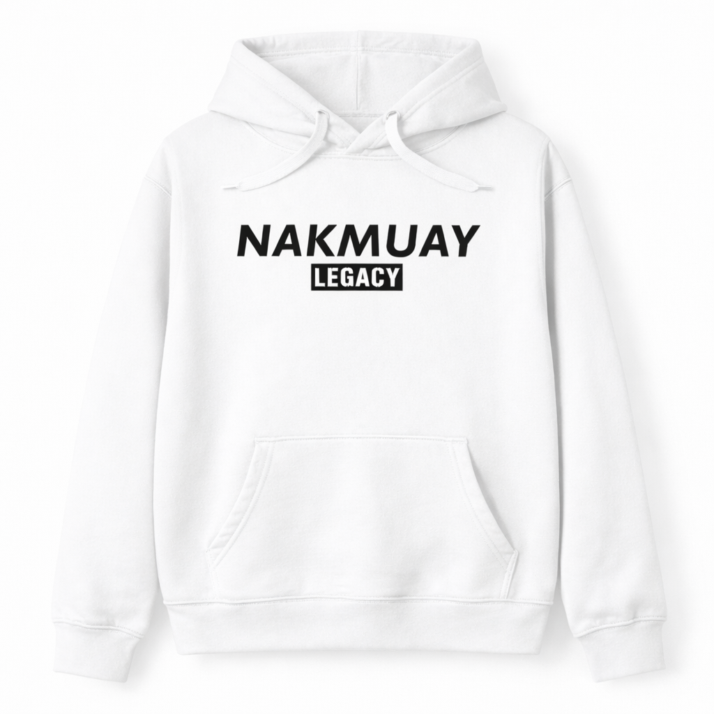 White hoodie with 'NAKMUAY LEGACY' text on a white background
