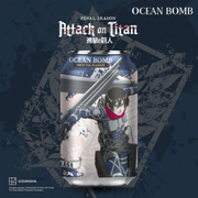 Ocean Bomb can with 'Attack on Titan' character design on a dark blue background