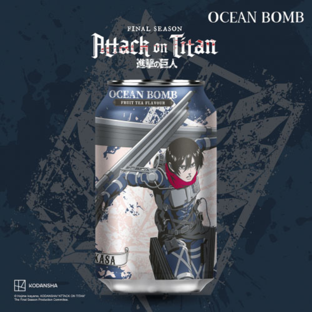 Ocean Bomb can with 'Attack on Titan' character design on a dark blue background