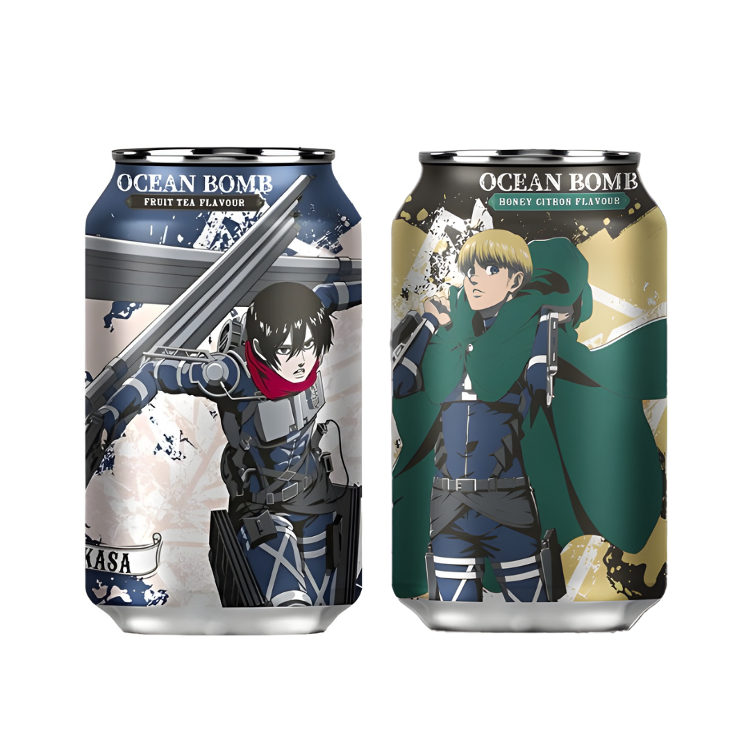 Two cans of 'Ocean Bomb' fruit tea with anime character designs on a white background