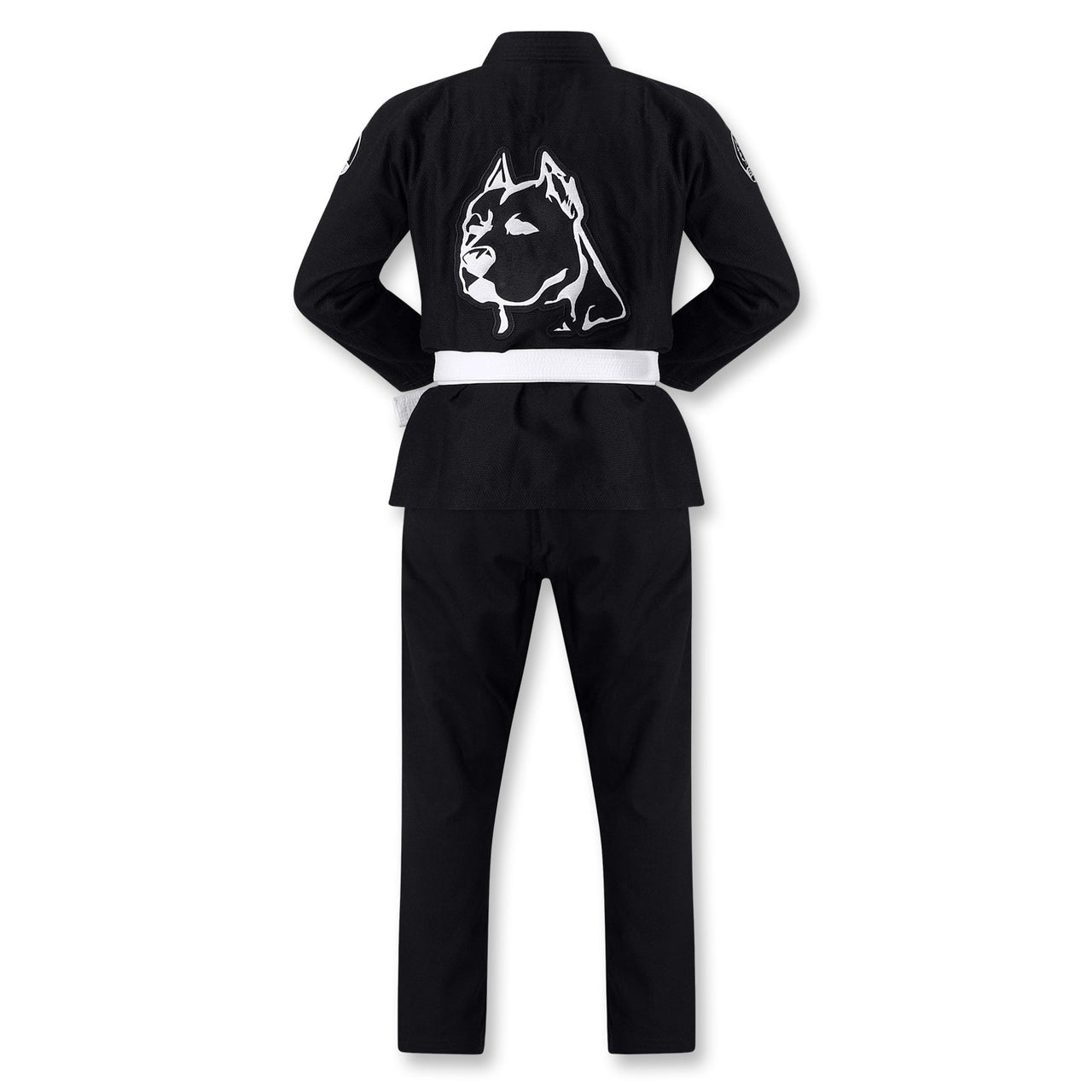 Official Team Legacy BJJ Gi in black, featuring a 450 GSM Pearl Weave Plus jacket, 10 oz cotton drill pants, reinforced stitching, and includes a white belt and drawstring bag.