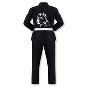 Official Team Legacy BJJ Gi in black, featuring a 450 GSM Pearl Weave Plus jacket, 10 oz cotton drill pants, reinforced stitching, and includes a white belt and drawstring bag.