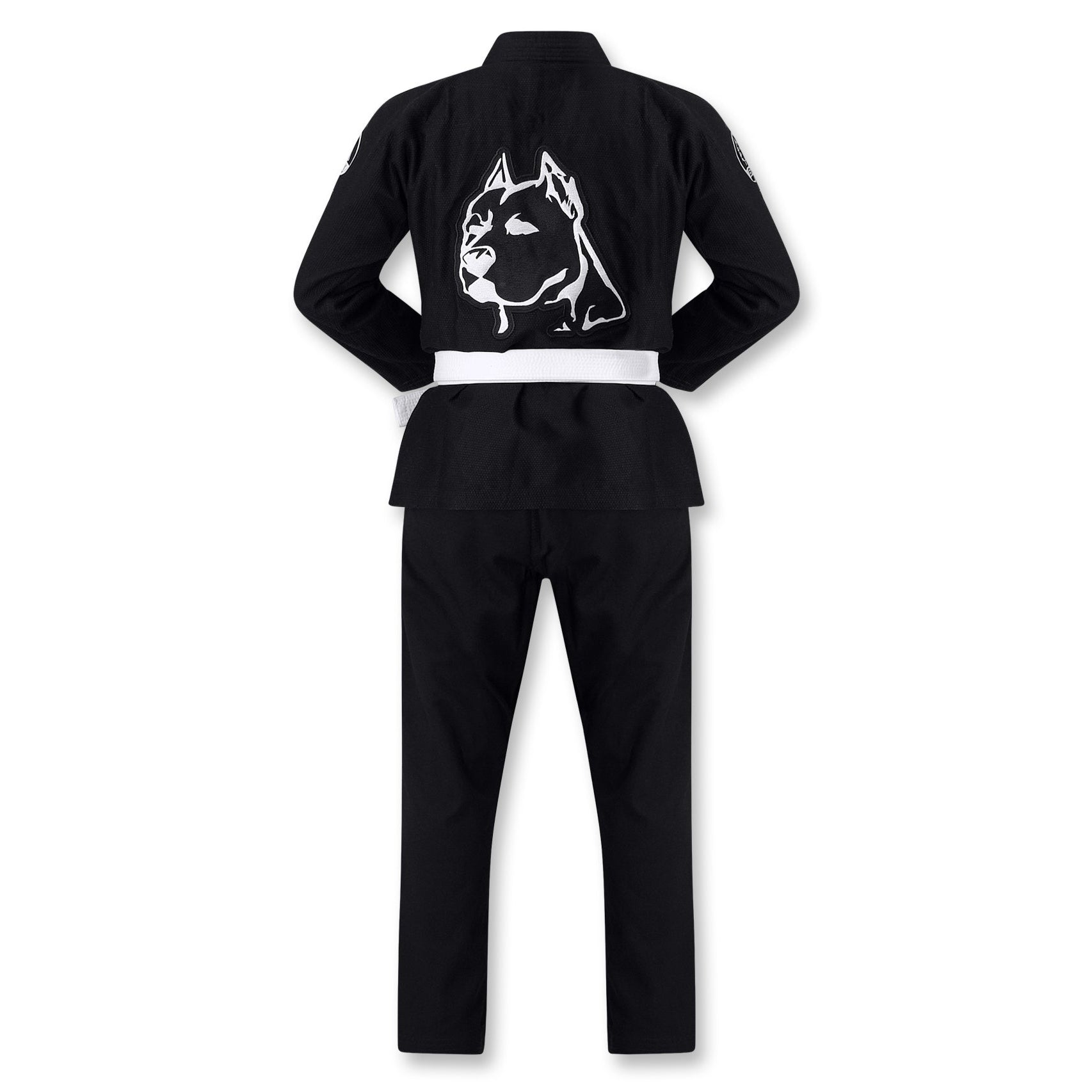 Official Team Legacy BJJ Gi in black, featuring a 450 GSM Pearl Weave Plus jacket, 10 oz cotton drill pants, reinforced stitching, and includes a white belt and drawstring bag.