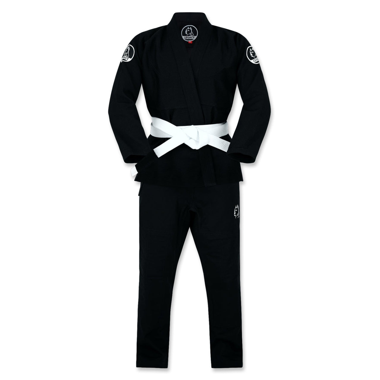 Official Team Legacy BJJ Gi in black, featuring a 450 GSM Pearl Weave Plus jacket, 10 oz cotton drill pants, reinforced stitching, and includes a white belt and drawstring bag.