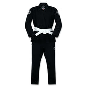 Official Team Legacy BJJ Gi in black, featuring a 450 GSM Pearl Weave Plus jacket, 10 oz cotton drill pants, reinforced stitching, and includes a white belt and drawstring bag.