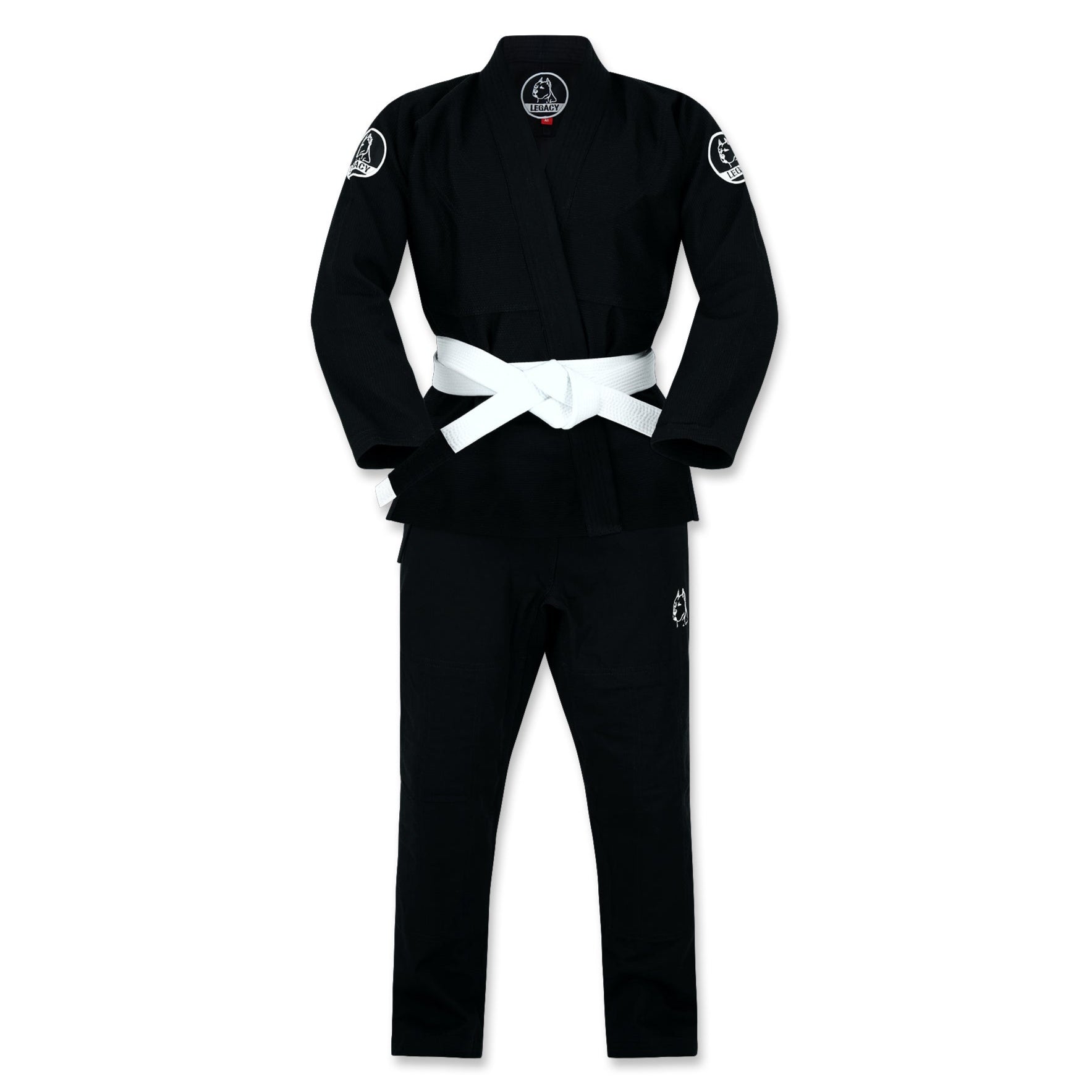 Official Team Legacy BJJ Gi in black, featuring a 450 GSM Pearl Weave Plus jacket, 10 oz cotton drill pants, reinforced stitching, and includes a white belt and drawstring bag.