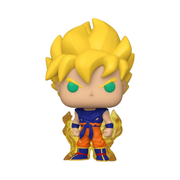 Funko Pop! vinyl figure of a character with spiky yellow hair and green eyes on a white background