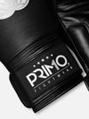 Primo Emblem 2.0 Boxing Gloves Onyx Black, premium Thai leather gloves with four-layer foam padding and long cuff design for enhanced protection and performance.