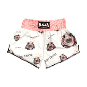 Raja Boxing Muay Thai shorts Moo Deng pink SP63-151 with hippo-themed design, handcrafted in Thailand
